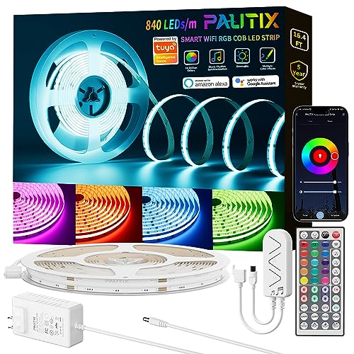 PAUTIX RGB COB LED Strip Light 16.4ft/5m,UL Listed 840LEDs/m 24V Color Changing LED Strip Lights,Compatible with Alexa/Google Assistant/Tuya Multicolor Flexible Tape Light for TV,Bedroom,Party - size: RGB Kit 16.4ft/5m