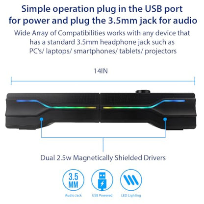 Desktop USB Powered 2-in-1 Soundbar Stereo Speaker, RGB LED Light - style: LED