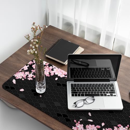 Gaming Mouse Pad with Anti-Slip Rubber Base, Extended Large Computer Mouse Mat with Stitched Edges, Long XL Anime Mousepad for Laptop and Keyboard, 31.5 x 11.8 inch (Black Cherry Blssom) - color: Black Cherry Blssom