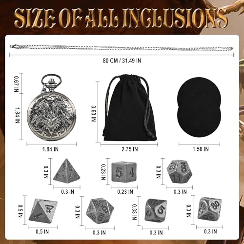Kabinka DND Dice Set, 7pcs Mini Metal Dice with Pocket Watch Shell, Portable D&D with Necklace, Dungeons and Dragons Dice for RPG(Five-Headed Dragon, Ancient Silver) - color: Ancient Silver, style: Five-Headed Dragon