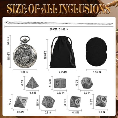 Kabinka DND Dice Set, 7pcs Mini Metal Dice with Pocket Watch Shell, Portable D&D with Necklace, Dungeons and Dragons Dice for RPG(Five-Headed Dragon, Ancient Silver) - color: Ancient Silver, style: Five-Headed Dragon