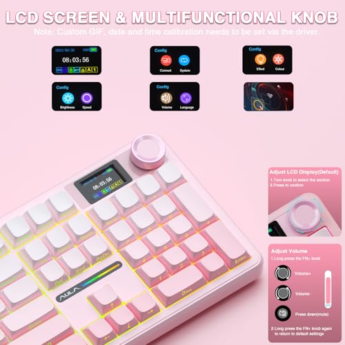 AULA F108 PRO - Wireless Mechanical Keyboard with Screen & Knob,Full Size Keyboard with 8000mAh Battery,Pre-lubed Switches,Side Printed PBT Keycaps,RGB Backlit Hot Swappable Custom Pink Keyboards - color: Pink