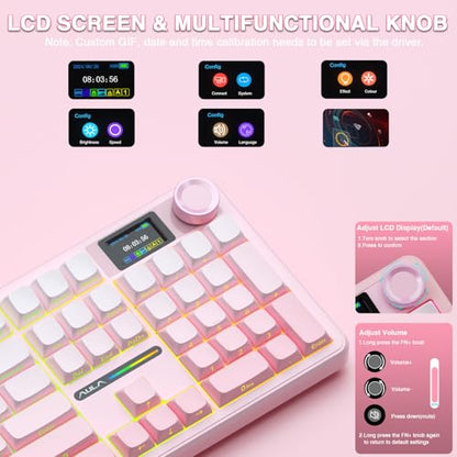 AULA F108 PRO - Wireless Mechanical Keyboard with Screen & Knob,Full Size Keyboard with 8000mAh Battery,Pre-lubed Switches,Side Printed PBT Keycaps,RGB Backlit Hot Swappable Custom Pink Keyboards - color: Pink