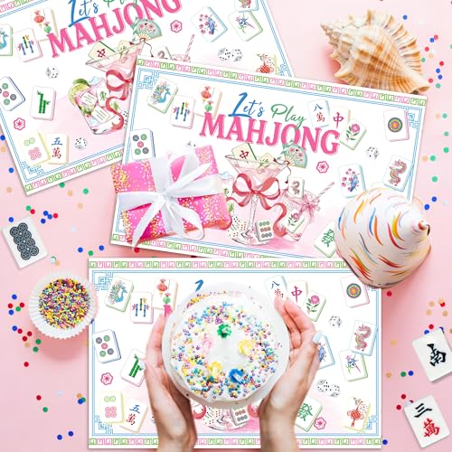 24 Pack Mahjong Placemats, 17x11 Inch Disposable Table Mats for Game Nights | Pink Mahjong Design with Tiles, Dice, Cocktail, Flowers, Blue Border for Birthday, Bridal Shower, Game Party, Table Decor Set