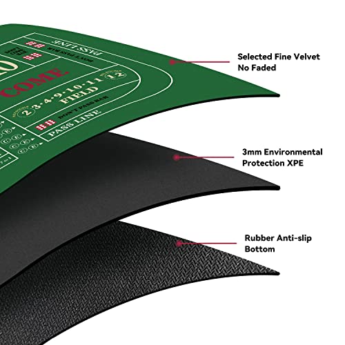 YUZPKRSI 70" x 35" Portable Professional Casino Craps Tabletop Layout Mat with Carrying Bag, Non-Slip Rubber Craps Dice Game Layout Table Top Cover for Parties, Home Entertainment, Game Night - color: Green-craps