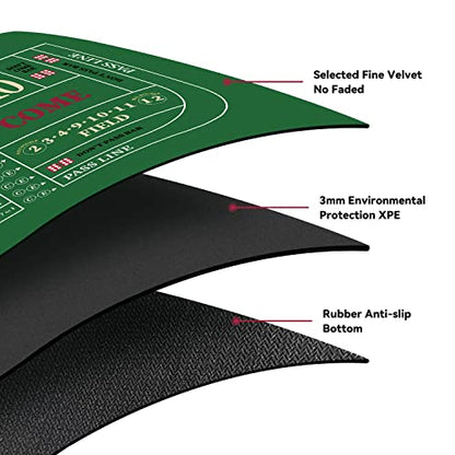 YUZPKRSI 70" x 35" Portable Professional Casino Craps Tabletop Layout Mat with Carrying Bag, Non-Slip Rubber Craps Dice Game Layout Table Top Cover for Parties, Home Entertainment, Game Night - color: Green-craps
