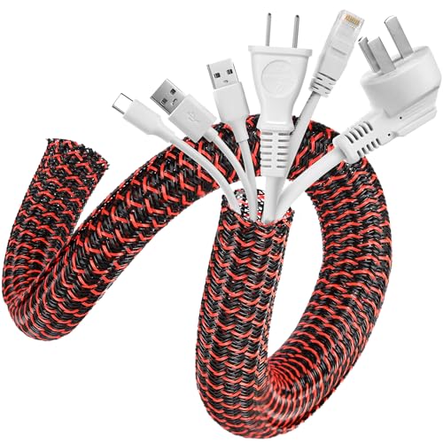 AGPTEK Cable Sleeve, 10ft - 1.2 inch Cable Management Desk Cord Cover Organizer Wire Hider for Home Office Computer TV Wire Loom Tubing Pet Proof Cord Protector from Cat Dog Chewing, BlackRed - color: BlackRed, size: 1.2"-10ft