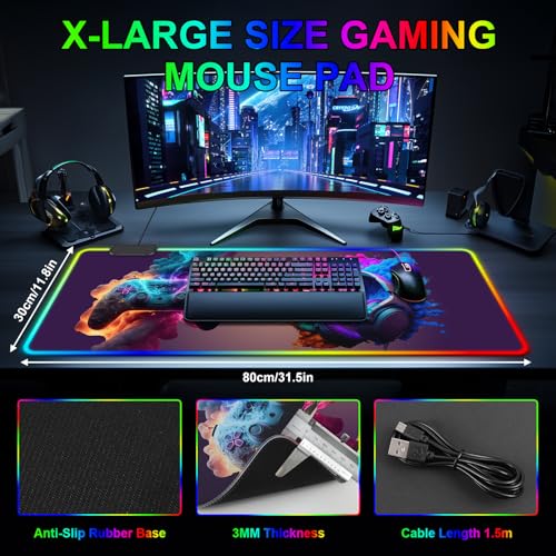 RGB Mouse Pad, Gaming Mousepad with 13 LED Light Modes | 31.5X11.8inch Large Mouse Mat, Gaming Mats for Desk with Non-Slip Rubber Base - color: Black-b