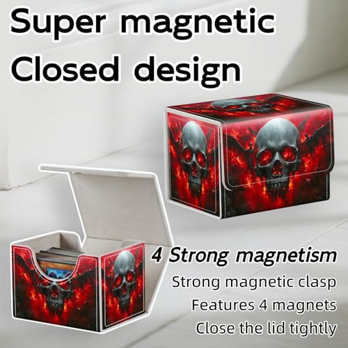 Trading Card Storage Box, Holds 100+ for MTG Cards, PU Leather with Magnetic Closure, Skull with Fiery Eyes and Winged Figures Durable Deck Box for Magic the Gathering, Trading Card Games - color: Skull with Fiery Eyes and Winged Figures