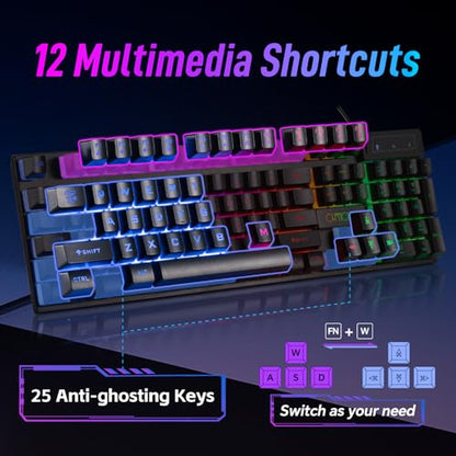 CHONCHOW Wired Gaming Keyboard, Light Up with Anti-Ghosting Keys | 104 Keys Full Size Ergonomic Design Cheap Keyboard LED Backlit for PC Mac Laptop Desktop, Gaming or Office