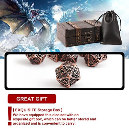 Hollow Metal DND Dice 7Pcs Set for Dungeons and Dragons RPG MTG | D&D Pathfinder Shadowrun and Math Teaching,Large D4,D6,D8,D10,D12,D20 freaky multi sided Dice Set D and D Dice with Gift Box - color: Red Copper