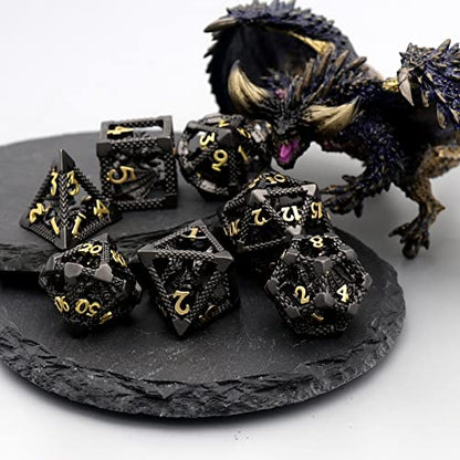 DND Dice Set,3D Hollow Dragon Metal 7-Die,Black | copper construction,68g balanced weight,engraved numbers,gift box and velvet bag for DND RPG play - color: 3d-black