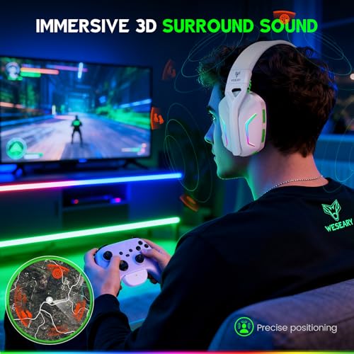 WESEARY Wireless Gaming Headset for Xbox Series X|S, Flux White | 2.4GHz Ultra-Low Latency Headset with Noise Cancelling Mic for PC, PS5/4, Switch, Mac, 3D Surround Sound, Bluetooth 5.4, 50Hr