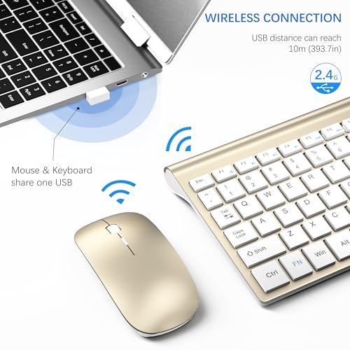 Wireless Keyboard and Mouse Ultra Slim Combo, TopMate 2.4G Silent Compact USB 2400DPI Mouse and Scissor Switch Keyboard Set with Cover, Batteries Included, for PC/Laptop/Windows/Mac - Gold White - color: Gold White
