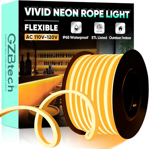 GZBtech Flexible LED Neon Rope Lights 66FT,AC 110-120V Waterproof Strip Light, 120 LEDs/M Cuttable Connectable Neon Lighting for Indoor Outdoor Home Decor/Commercial Building Use-Amber 20M, ETL Listed - color: Amber, size: 66FT