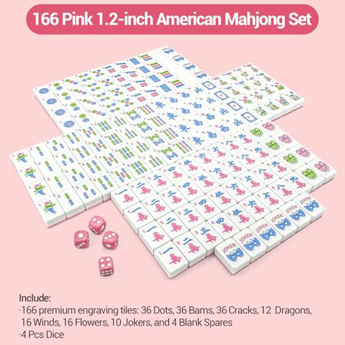 American Mahjong Tile Set, 166 Tiles (1.2”), Cute Mini Mahjong Tiles- Pink | Mahjong Tile Set with Carrying Bag, Dice, Mat, Portable Travel Complete Game Set for Home Outdoor Enthusiast Gift - color: Pink