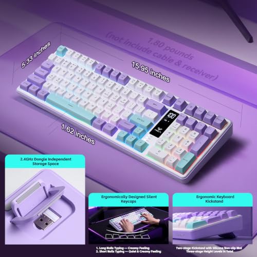 Aula S99pro V2 Wireless Gaming Keyboard,Silent Computer Keyboards,Creamy Membrane Keyboard with Number Pad,Tri-Mode Bluetooth/2.4GHz/USB-C,RGB Backlit,Digital Display Screen - Star Illusion Purple - color: Star Illusion Purple