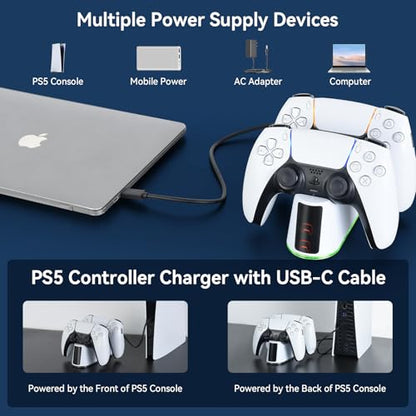 ELUTENG PS5 Controller Charger Dual Controller Charging Stand for PlayStation 5 with LED Indicator, Fast Charging Dock for DualSense Charging Station, PS5 Accessories Kits with USB Cable, White