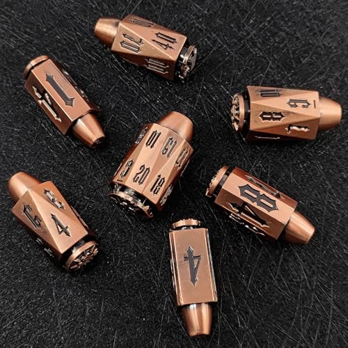 2025 Metal Polyhedral Bullet for DND Dice Set, 7Pcs Metallic D&D Dice with Gift Case for Dungeons and Dragon Game, RPG Role Playing Table Game Gifts (Bronze) - color: Bronze