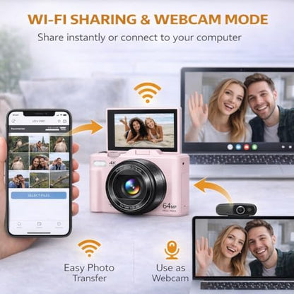 Acuvar 4K Digital Camera for Photography, 64MP Vlogging Camera with Flip Screen, WiFi, Wide Angle Lens, 16X Zoom, Compact Camera for YouTube, Travel, Beginners with 64GB Card - style: Starter Camera Kit