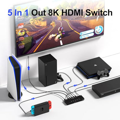 Y.D.F 8K@60Hz HDMI Switcher 5 in 1 Out Aluminum Support 4K@120Hz HDR10+ HDCP 2.3 CEC HDMI 2.1 Switch Splitter Compatible with PS5/4 Xbox X/S Nintendo Switch/OLED Roku Apple TV Fire Stick UHD TV - size: HDMI Switch 5 Port 8K