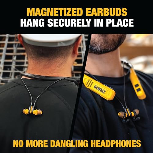DEWALT Heavy Duty 2-in-1 Neckband Bluetooth Headphones w/Built-in Speakers, Jobsite Wearable Speaker & Around Neck Headphones, Wireless Bluetooth Headset, 60+ Hrs Hands-Free Music/Calls, Carry Pouch - color: Yellow and Black