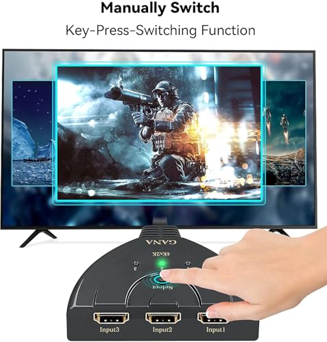HDMI Switch, GANA 4K HDMI Splitter 3 in 1 Out, 3-Port Switcher Selector with Pigtail HDMI Cable,Supports Full HD 4K 30Hz 1080P 3D Player, Compatible with PS4/3, Xbox, Fire Stick, Roku, PC,TV