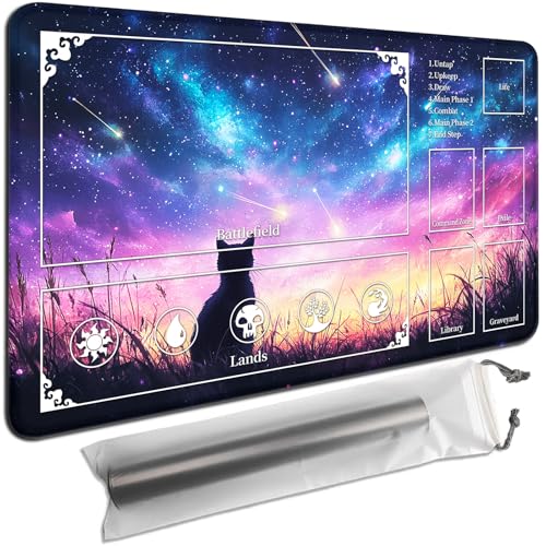 MTG Playmat with Zones 35x19.7 Inch – Trading Card Game Mat for Magic The Gathering,Commander Playmat with Storage Bags,TCG Card Battle Mat,Black Cat Starry Sky - color: Black Cat Starry Sky, size: 35x19.7 in
