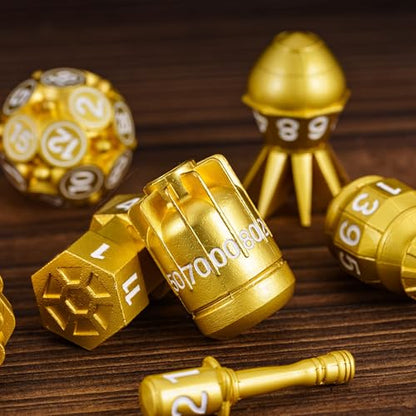 UDIXI Metal RPG Dice Set, 7PCS Bomb Polyhedral Metal Dice Set D&D Gold | Bomb Shape, Solid Metal, Leather Pouch Pakaging, Cool Design, for Dungeons and Dragons Role Playing Games Tabletop Game - color: Golden White