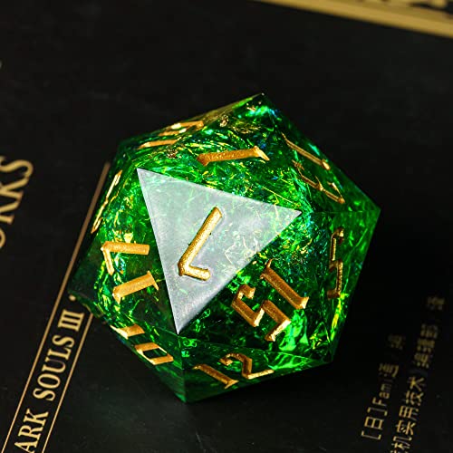Cusdie Single D20 DND Dice with Sharp Edges and Glitter Foil Inclusions, 20 Sided D&D Dice, 33mm Handcrafted, for Role Playing Game (Green) - color: Green