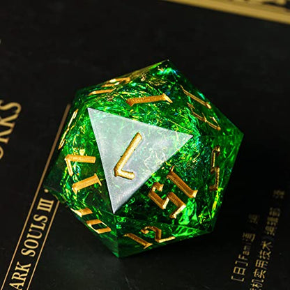 Cusdie Single D20 DND Dice with Sharp Edges and Glitter Foil Inclusions, 20 Sided D&D Dice, 33mm Handcrafted, for Role Playing Game (Green) - color: Green