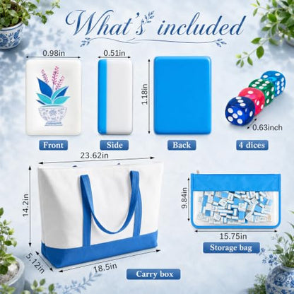 Soulchen 1.2 Inch Blue Houseplant American Mahjong Set, 168 Pcs Tiles | Engraved, Tote Bag Dice Carry Pouch, Complete American Mahjong Set, Game Night Travel Vacation Collection Gift - color: Blue, size: 1.2 Inch