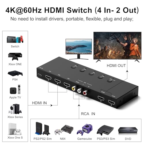 4In to 2Out HDMI/AV Switch (1 AV Input+3 HDMI 2.0 Inputs) RCA to 2Port HDMI Converter for PS1/2/3/4/5, N64, SNES, Switch, DVD, Roku etc. - style: 3HDMI+AV to 2HDMI Converter