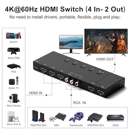 4In to 2Out HDMI/AV Switch (1 AV Input+3 HDMI 2.0 Inputs) RCA to 2Port HDMI Converter for PS1/2/3/4/5, N64, SNES, Switch, DVD, Roku etc. - style: 3HDMI+AV to 2HDMI Converter