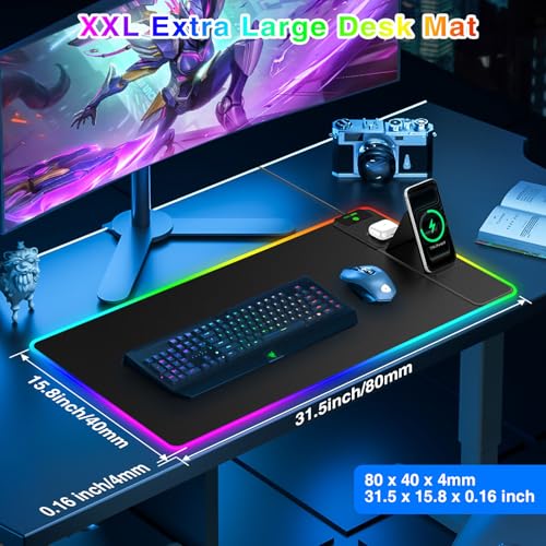 RGB Gaming Mouse Pad with Magnetic Wireless Charging & Foldable Phone Stand | 31.5"x15.8" XXL Large LED Mousepad with Stitched Edges, Ultra-Smooth Waterproof Surface, 25 Lighting Effects, Non-Slip Base - color: RGB-Magnetic Stand-31.5"x15.8"-Right
