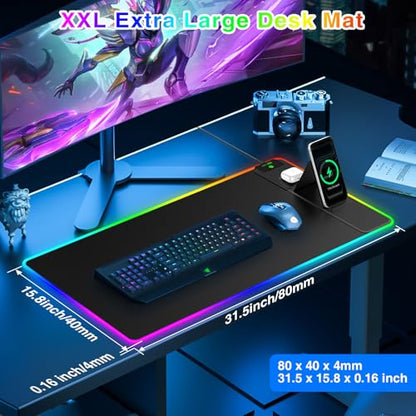 RGB Gaming Mouse Pad with Magnetic Wireless Charging & Foldable Phone Stand | 31.5"x15.8" XXL Large LED Mousepad with Stitched Edges, Ultra-Smooth Waterproof Surface, 25 Lighting Effects, Non-Slip Base - color: RGB-Magnetic Stand-31.5"x15.8"-Right