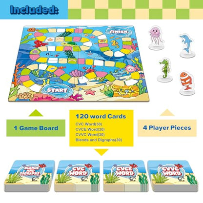Broytain Word Ocean Phonics Board Game for Kids, Educational Learning Board Game for Boys and Girls, Reading and Spelling Game Ages 4-6, Classroom Travel Indoor Outdoor Family Game