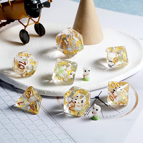 White Cat Gaming Dice Set D&D, DNDND 7PCS Resin DND Dice with Velvet Bag for Dungeons and Dragons Role Playing Games and Tabletop Games（White Cat - color: Cat-white