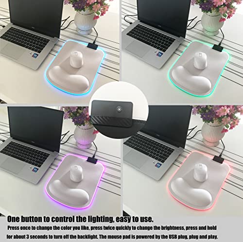RGB LED Wrist Support Mouse Pad with 13 Lighting Modes, Anti-Slip Rubber Base, Pain Relief Ergonomic Gaming/Office/Home Mouse Pad, 11.8 x 8.5 in (White) - color: White