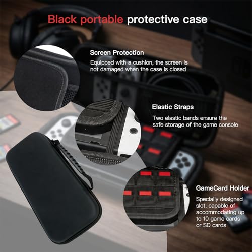 Carry Case for N*intendo Switch & for Switch OLED, Hard Portable Travel Protective Shell Pouch with Pockets for Games & Accessories, Shockproof Lightweight Carrying Case for Console & for Joycons - Black