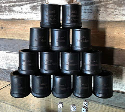 WE Games Custom Engraved Mahogany Leather Dice Cup with 5 Dice and Storage Bag