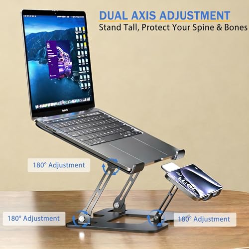Laptop & Phone 2-in-1 Cooling Stand with Silent Fan, Adjustable Height & Angle, Carbon Steel Foldable Laptop Riser, Gaming Laptop Cooler Pad for Laptops Up to 18 Inch (Black) - color: Black