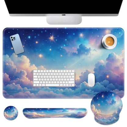 Arttown Keyboard Mouse Pad Set, 4 in 1 Desk Mat Set Starry Sky | Cloud Night Colorful Large Mousepad+Keyboard Wrist Rest+Mouse Wrist Rest+Coaster Ergonomic Design for Home Office Computer - color: Starry Sky