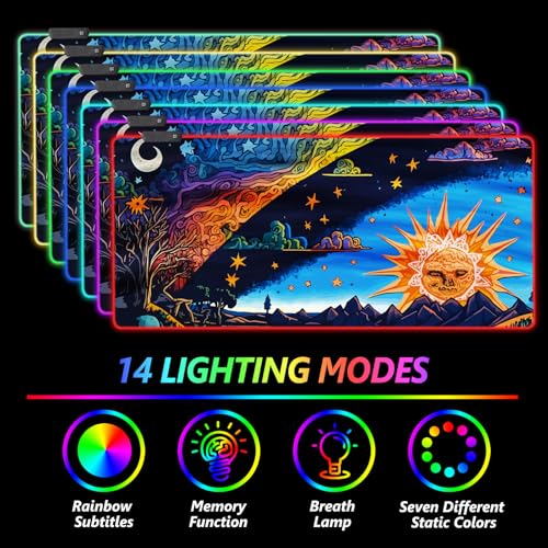 AIMSA Large Gaming Mouse Pad RGB, Keyboard Led Mousepad Extended 35.4 x 15.8 inch Non-Slip Rubber Base with 14 Lighting Modes Desk Mat, Abstract Sun - color: Abstract Sun
