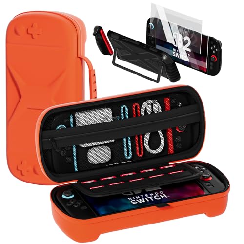 QUAGGY Switch 2 case for Nintendo Switch 2(2025), TPU&PC Ultra-Slim, Protective Hard Shell, Game Card Slots, All In One Carrying Case for Nintendo 2 Accessories [Bult-in 2 Screen Protector] orange - color: Black+orange bag