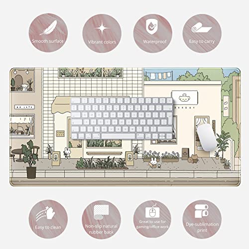 Cute Desk Mat Kawaii Mousepad Bunny and Bear Cute Anime Japanese Street Pastel Beige Brown and Green Mouse Pad, Extra Large Deskmat Cut Laptop Pad - color: Cute White Rabbit