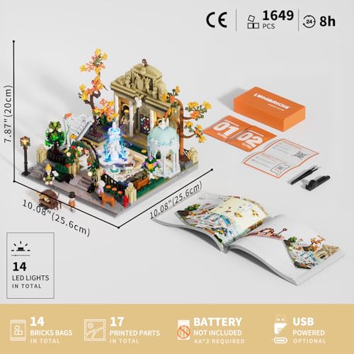 Lumibricks Pocket-Garden Lighting Buildin Set, 1649 Pcs Landscape Set | French Parisian Style Corner Garden, Modular Park Model for Adults, Decorative Construction with Fountain and Seasonal Plants