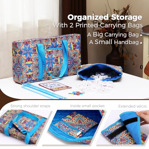 American Mahjong Tile Set with Blue Printed Carrying Bag, 166 Premium White Tiles, 4 All-in-One Color Racks/Pushers, Mah Jongg Sets, Complete Mahjong Game Set for Travel - color: Blue Print