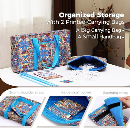 American Mahjong Tile Set with Blue Printed Carrying Bag, 166 Premium White Tiles, 4 All-in-One Color Racks/Pushers, Mah Jongg Sets, Complete Mahjong Game Set for Travel - color: Blue Print