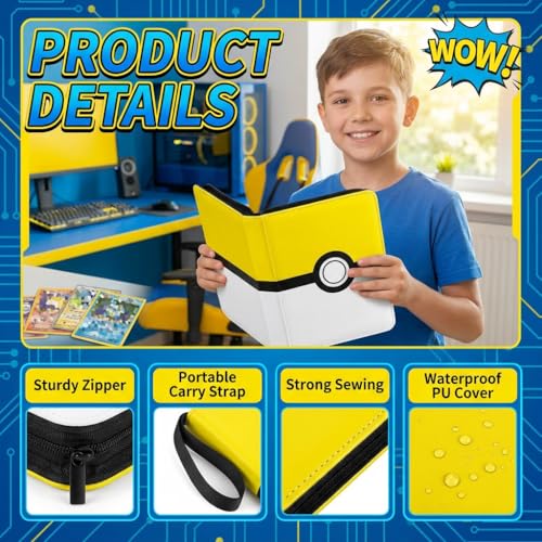 Card Binder 4 Pocket, Trading Card Holder Album Book, 50 Removable Sleeves Hold 400 Cards, PU Leather Zipper Portable Game Collection Card Case Ideal Gift (Yellow) - color: Yellow, size: Medium